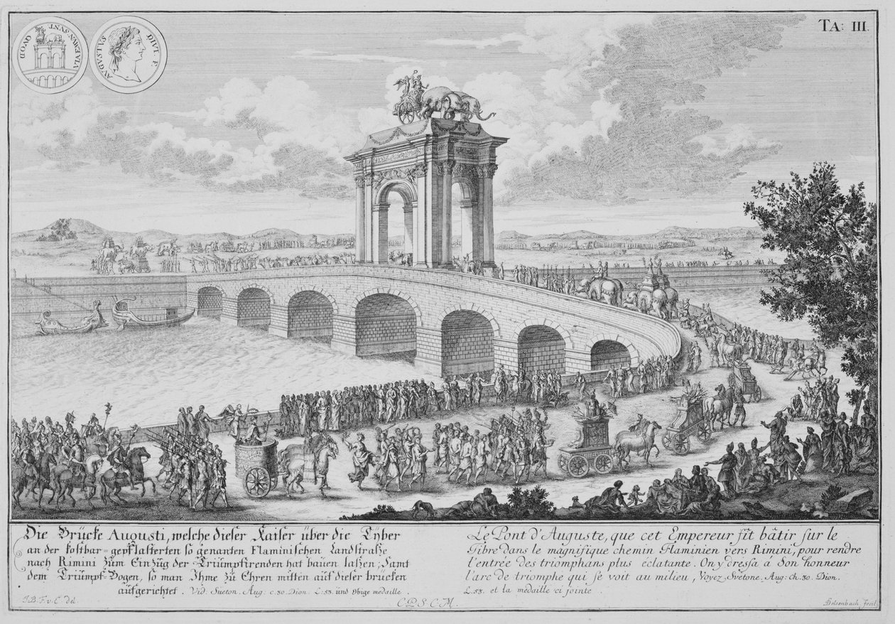 Augustus hídja a Via Flaminián, Rimini közelében, Olaszországban, a „Történelmi építészet tervrajza” című művéből, Johann Adam Delsenbach (1687-1765) metszetében, 1721 alkotó: Johann Bernhard Fischer von Erlach