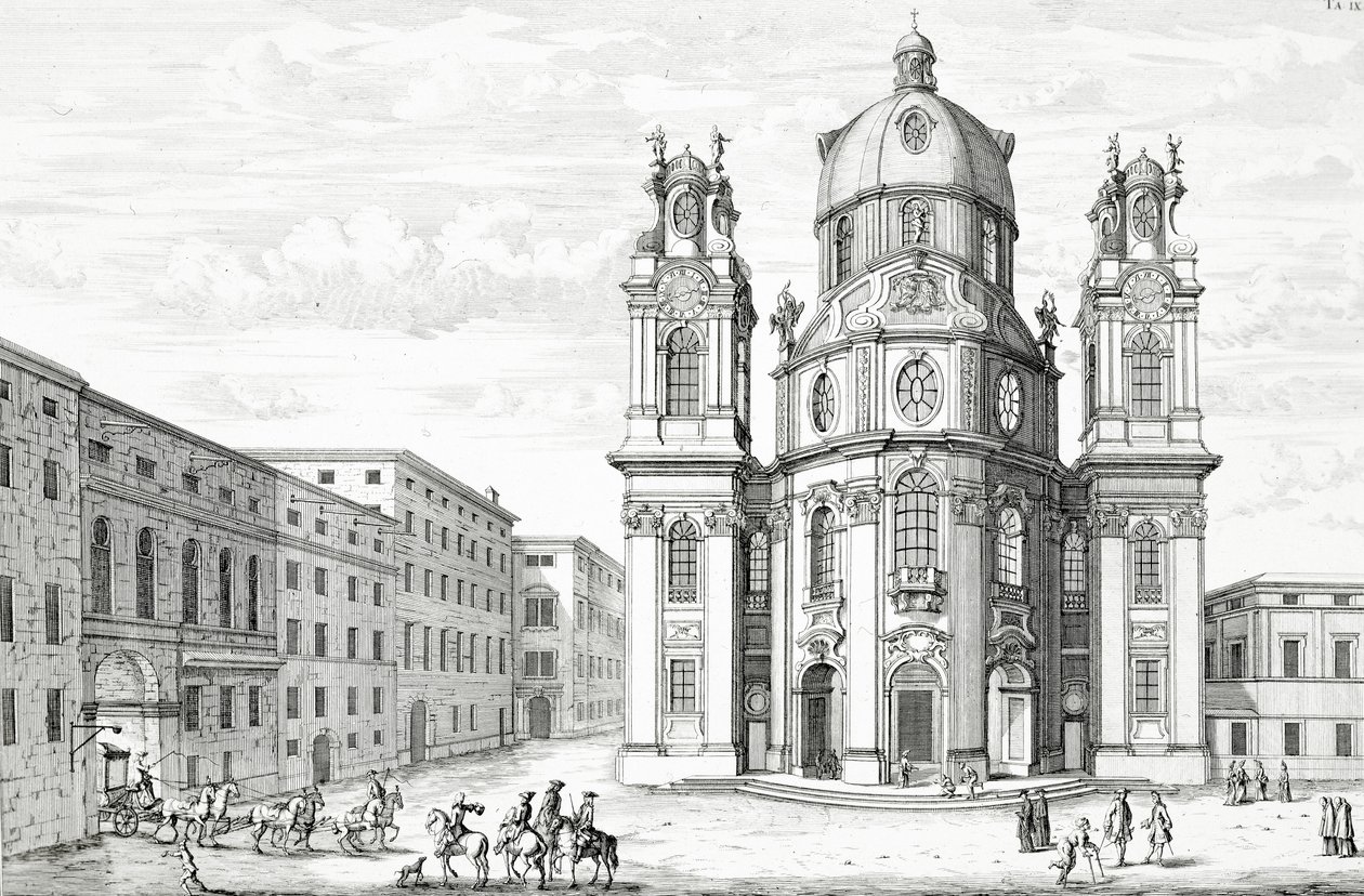 Notre Dame-templom, Salzburg, Ausztria, a „Történelmi építészet tervrajzából”, Johann Adam Delsenbach (1687-1765) metszetében, 1721 alkotó: Johann Bernhard Fischer von Erlach