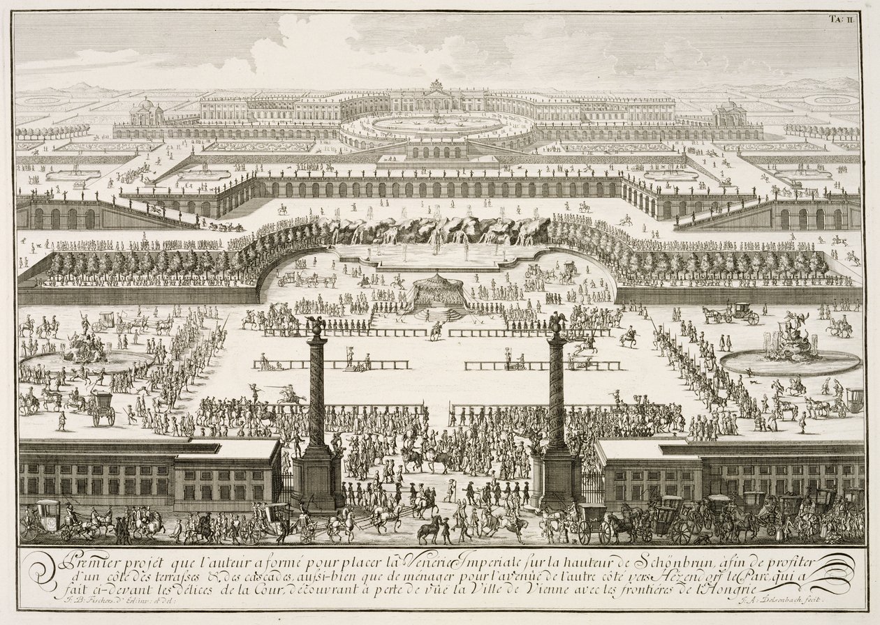 Első javaslat a bécsi Schonbrunni kastélyra, a „Történelmi építészet terve” című művéből, Johann Adam Delsenbach (1687-1765) metszete, 1721 alkotó: Johann Bernhard Fischer von Erlach