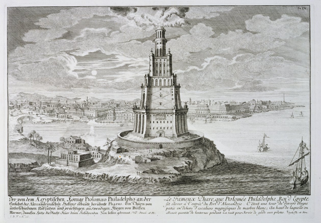 Alexandriai világítótorony, amelyet Nagy Ptolemaiosz (i. e. 36-30. után) épített, Egyiptomban, az „Entwurf einer historischen Architektur”-ból, Johann Adam Delsenbach (1687-1765) metszet, 1721 alkotó: Johann Bernhard Fischer von Erlach