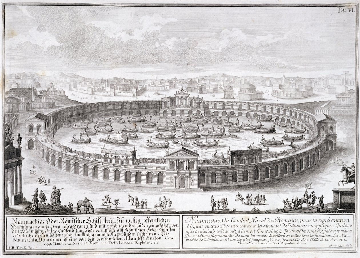 Naumachia, 6. tábla a „Történelmi építészet terve” című könyvből, Johann Adam Deslsenbach (1687-1765) metszete alkotó: Johann Bernhard Fischer von Erlach