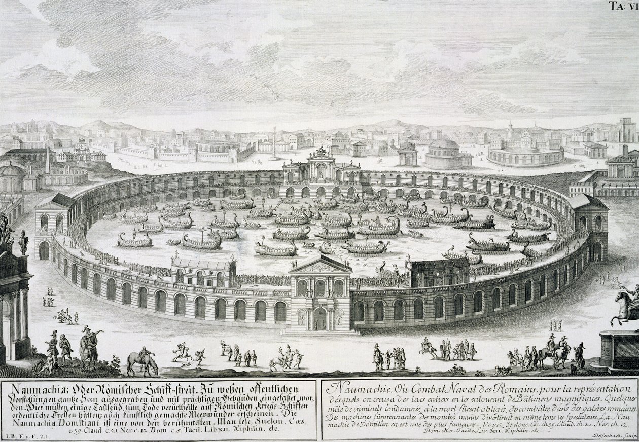 Egy római haditengerészeti csata rekonstrukciója a „történelmi építész tervezetéből”, vésette Johann Adam Delsenbach (1687-1765), 1721 alkotó: Johann Bernhard Fischer von Erlach