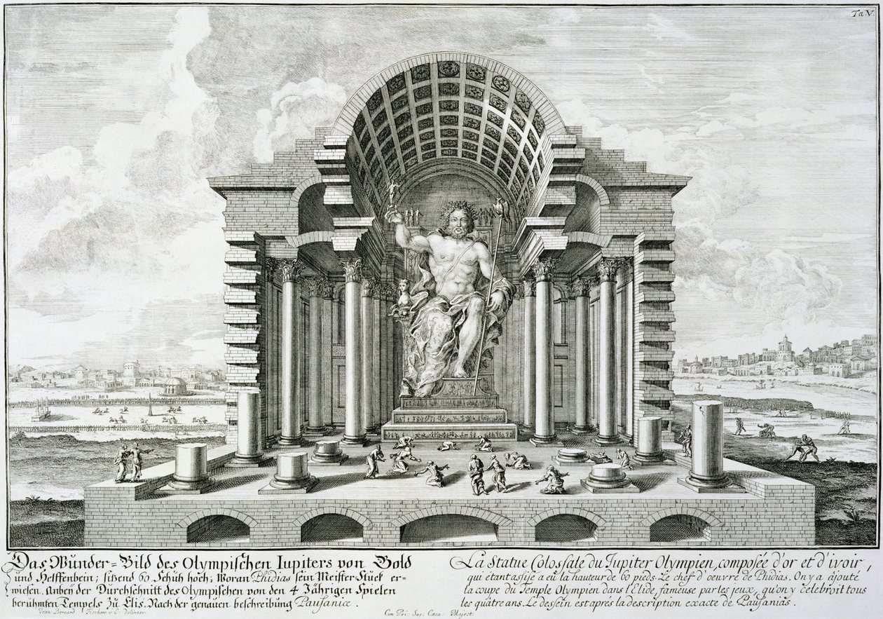 Olümposzi Zeusz szobra, amelyet Phidias készített aranyból és elefántcsontból, Pausanias (i.sz. 143-176) pontos leírása alapján, a „Történelmi építészet tervrajzából”, 1721 alkotó: Johann Bernhard Fischer von Erlach