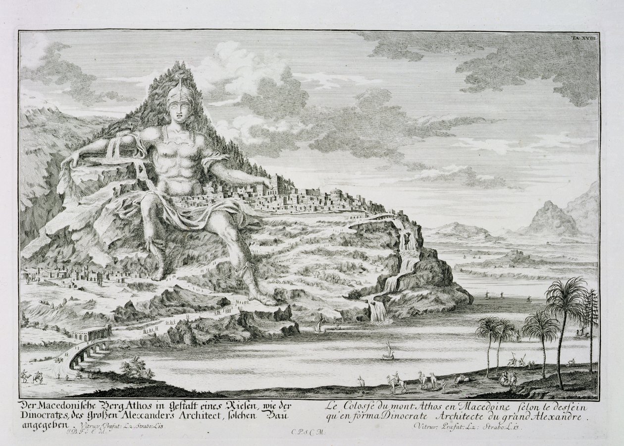 Az Athos-hegy kolosszusa, Macedónia, Dinocrates, Nagy Sándor építészének terve, az „Entwurf einer historischen Architektur” 18. táblája, Johann Adam Delsenbach (1687-1) metszet alkotó: Johann Bernhard Fischer von Erlach