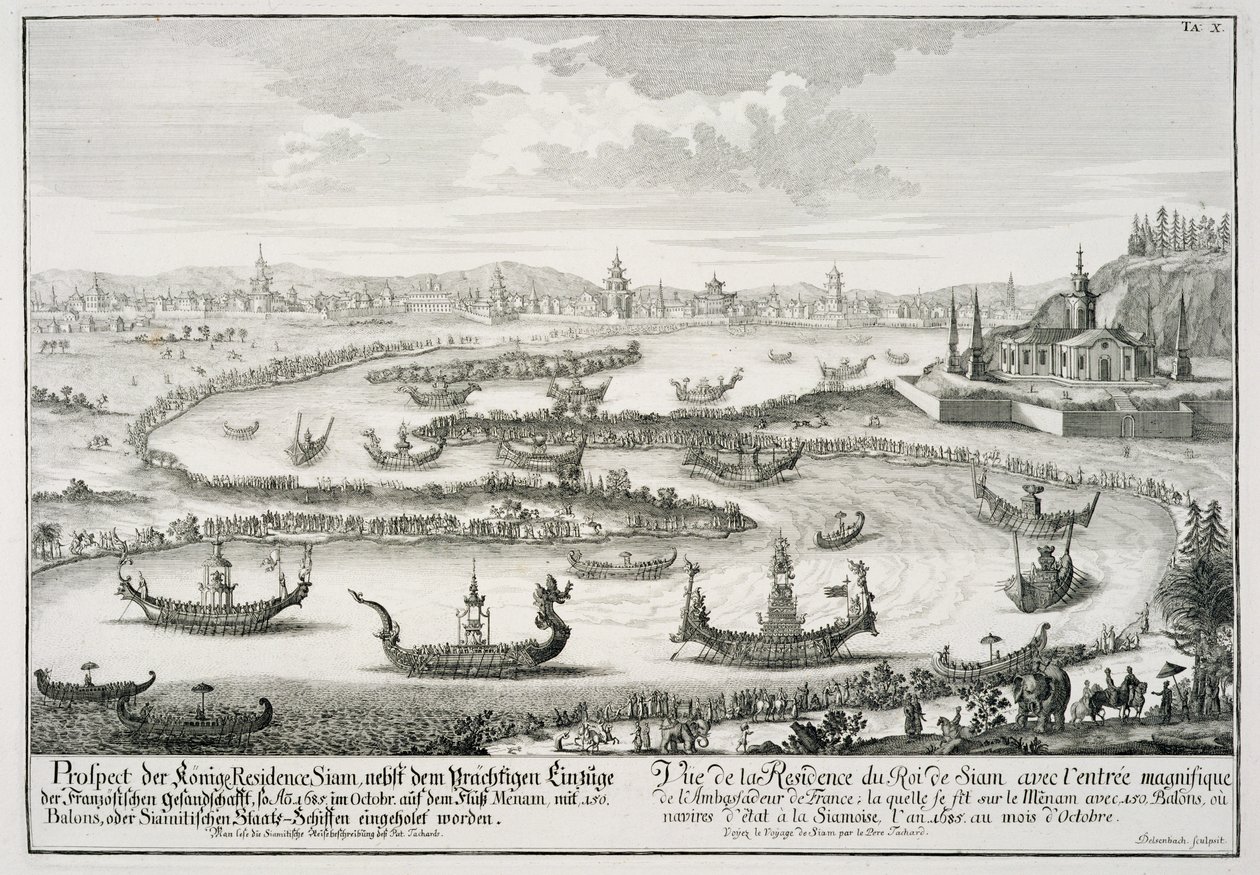 Sziám király rezidenciája, a „Történelmi építészet terve” című művéből, Johann Adam Delsenbach (1687-1765) metszetében, 1721 alkotó: Johann Bernhard Fischer von Erlach