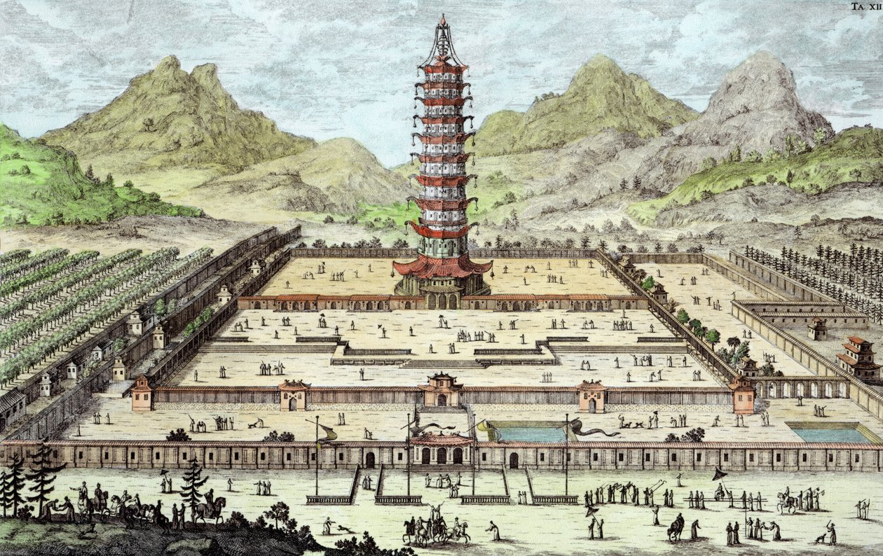 A nankingi porcelán torony, 12. tábla a "Entwurf einer historischen Architektur" című műből, metszette Johann Adam Delsenbach (1687-1765) 1721 (későbbi színezés) alkotó: Johann Bernhard Fischer von Erlach