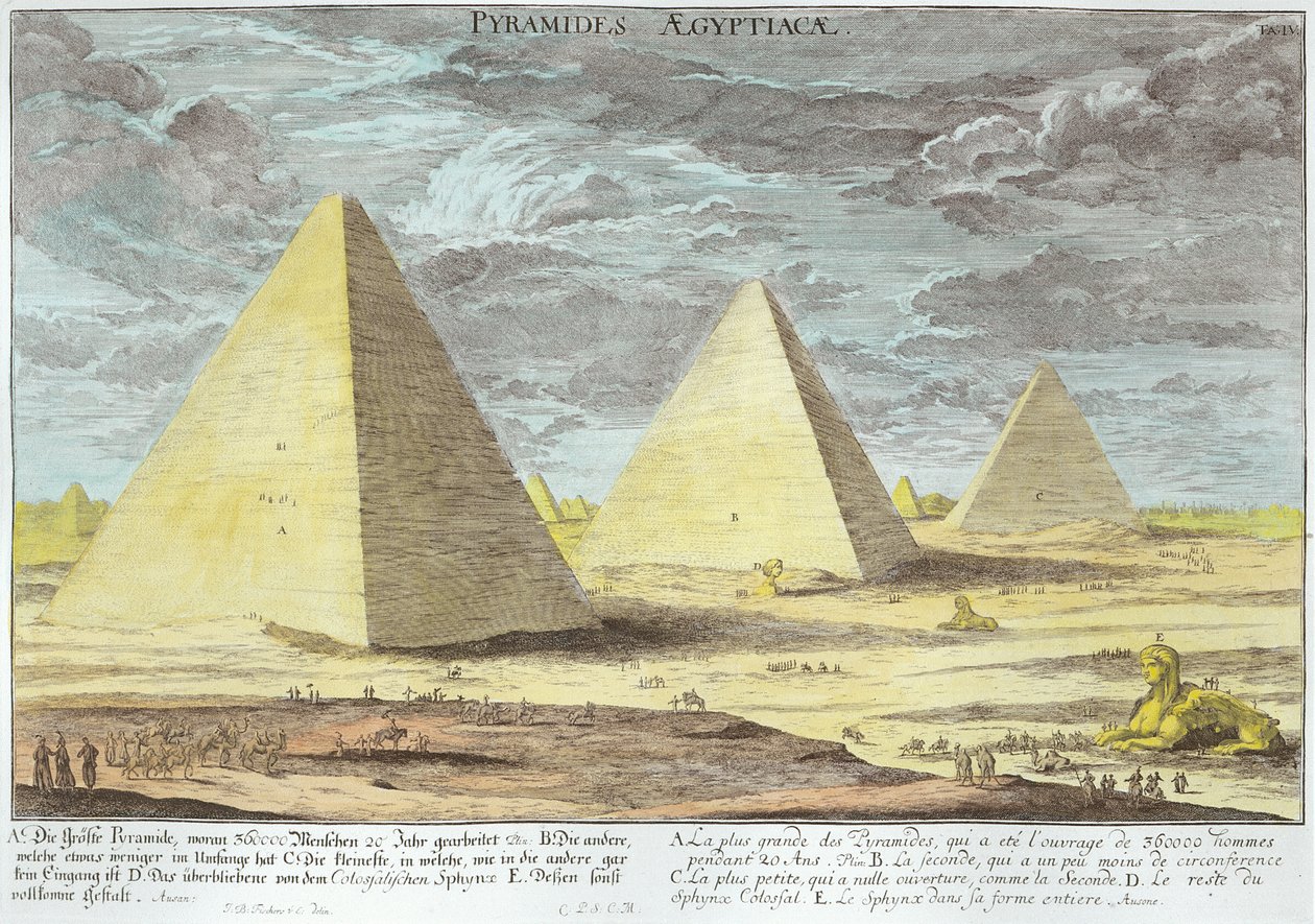 Az egyiptomi piramisok, 4. tábla a "Entwurf einer historischen Architektur" című műből, metszet: Johann Adam Delsenbach (1687-1765) 1721 (későbbi színezés) alkotó: Johann Bernhard Fischer von Erlach