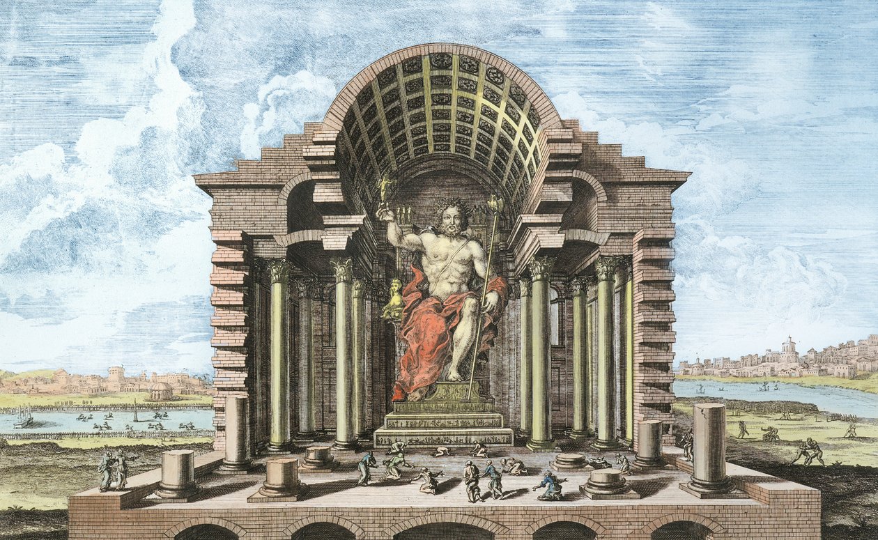 Az olümposzi Zeusz szobra, Phidias, 5. tábla a "Entwurf einer historischen Architektur"-ból, metszette Johann Adam Delsenbach (1687-1765) 1721 (későbbi színezés). alkotó: Johann Bernhard Fischer von Erlach