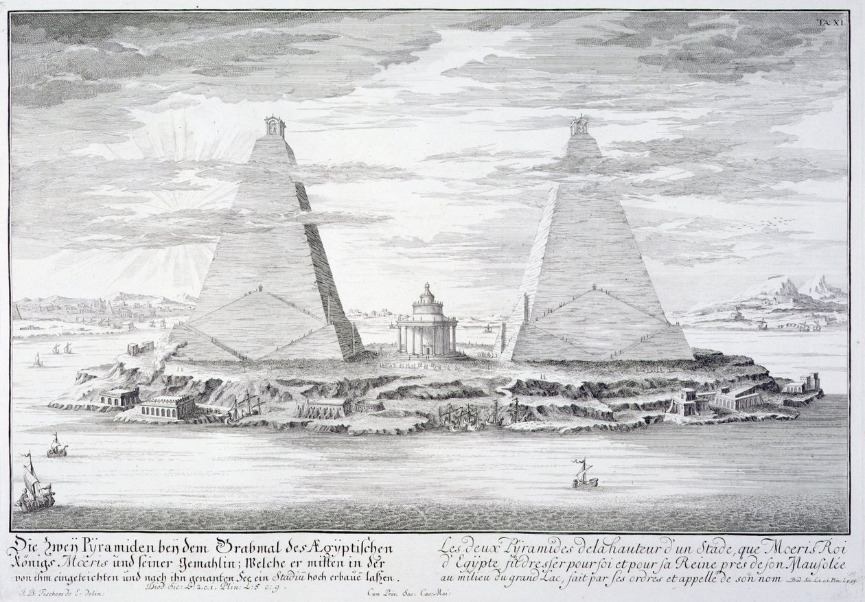 Moeris, Egyiptom királya és felesége két piramisa, az „Entwurf einer historischen Architektur” 11. táblája, Johann Adam Delsenbach (1687-1765) metszete, 1721 alkotó: Johann Bernhard Fischer von Erlach
