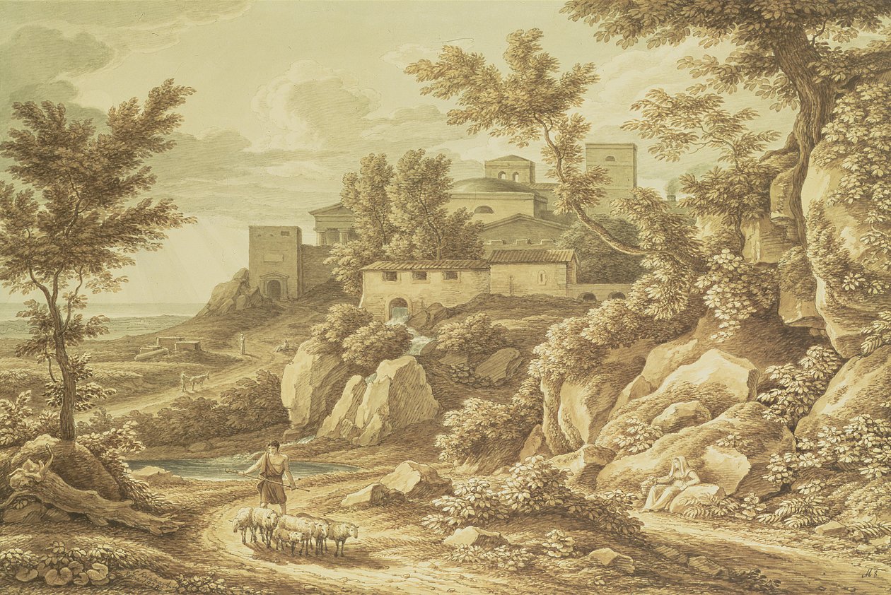Klasszikus táj pásztorral, 1828 (toll és tinta, mosdó, ceruza és WC) alkotó: Johann Christian Reinhart