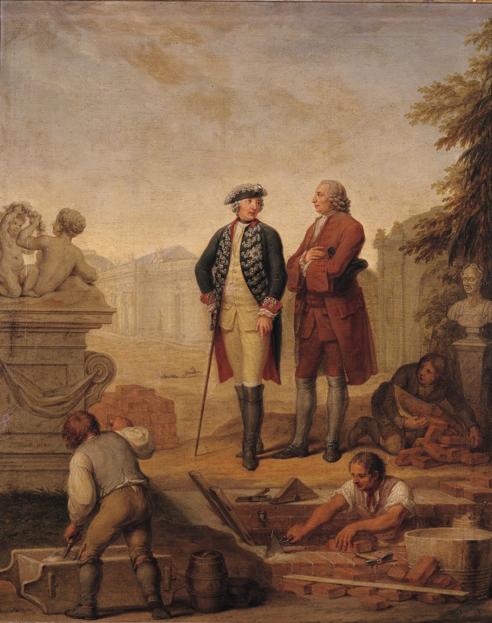 Frigyes porosz király (1712-86) és Argens márkija (1704-1771) a potsdami Sanssouci építkezését vizsgálják alkotó: Johann Christoph Frisch