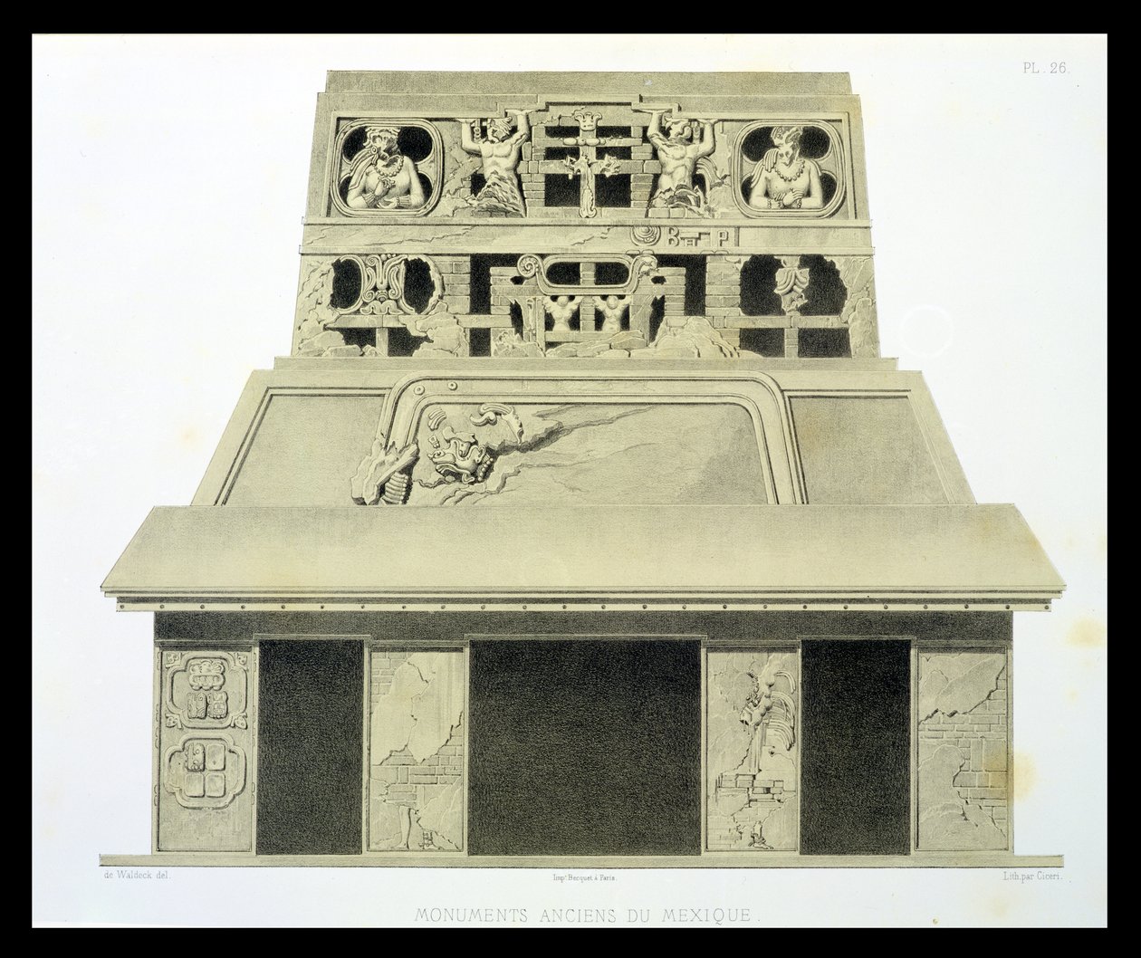 A Palenque-i Nap-templom homlokzata, 26-os tábla az „Ancient Monuments of Mexico”-ból, metszett: Eugene Ciceri (1813-90) 1866 alkotó: Johann Friedrich Maximilian von Waldeck