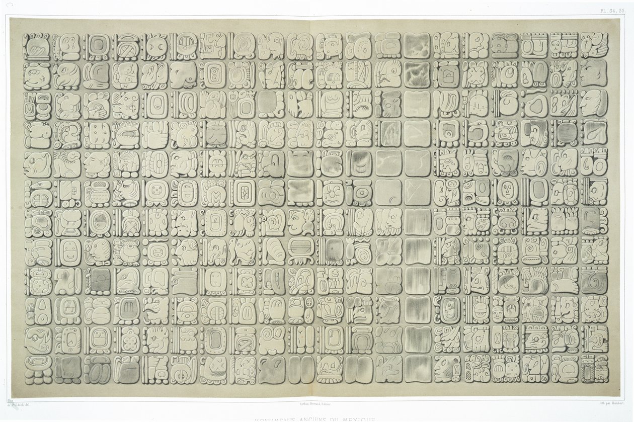 Nagy tábla ideográfiai írással a Palenque-i Feliratok Templomából, 692 körül, 34. és 35. tábla az „Ancient Monuments of Mexico”-ból, vésett Humbert, 1866 alkotó: Johann Friedrich Maximilian von Waldeck