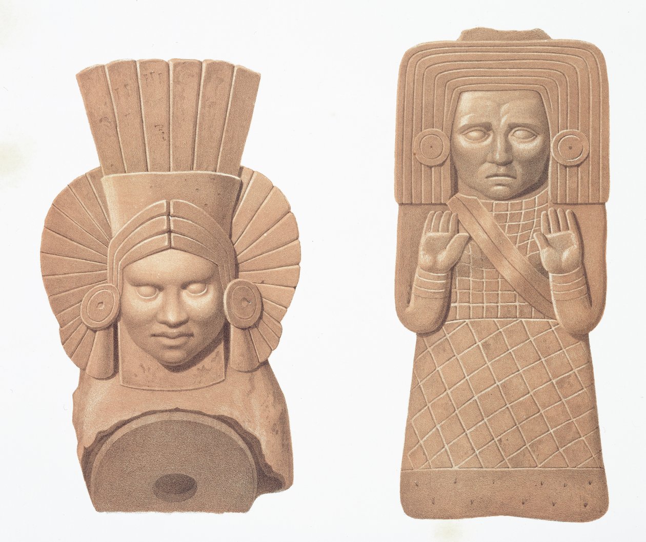 Két terrakotta női figura Palenque-ből, tányér a "Ancient Monuments of Mexico"-ból, Bachelier metszet, 1866 alkotó: Johann Friedrich Maximilian von Waldeck