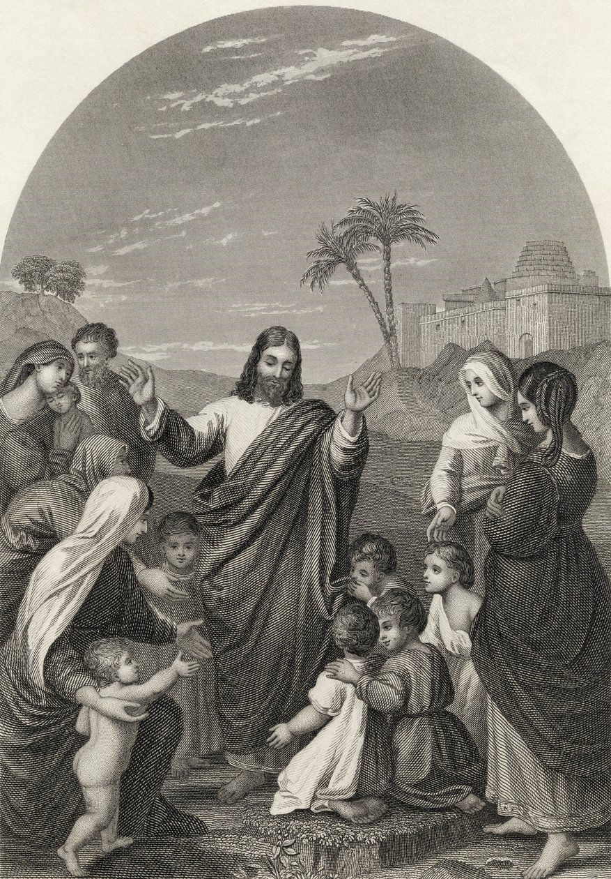 Krisztus megáldja a kisgyermekeket, S. Allen metszete, a "The National Illustrated Family Bible" című, 1870 körül megjelent kötetből. alkotó: Friedrich Overbeck