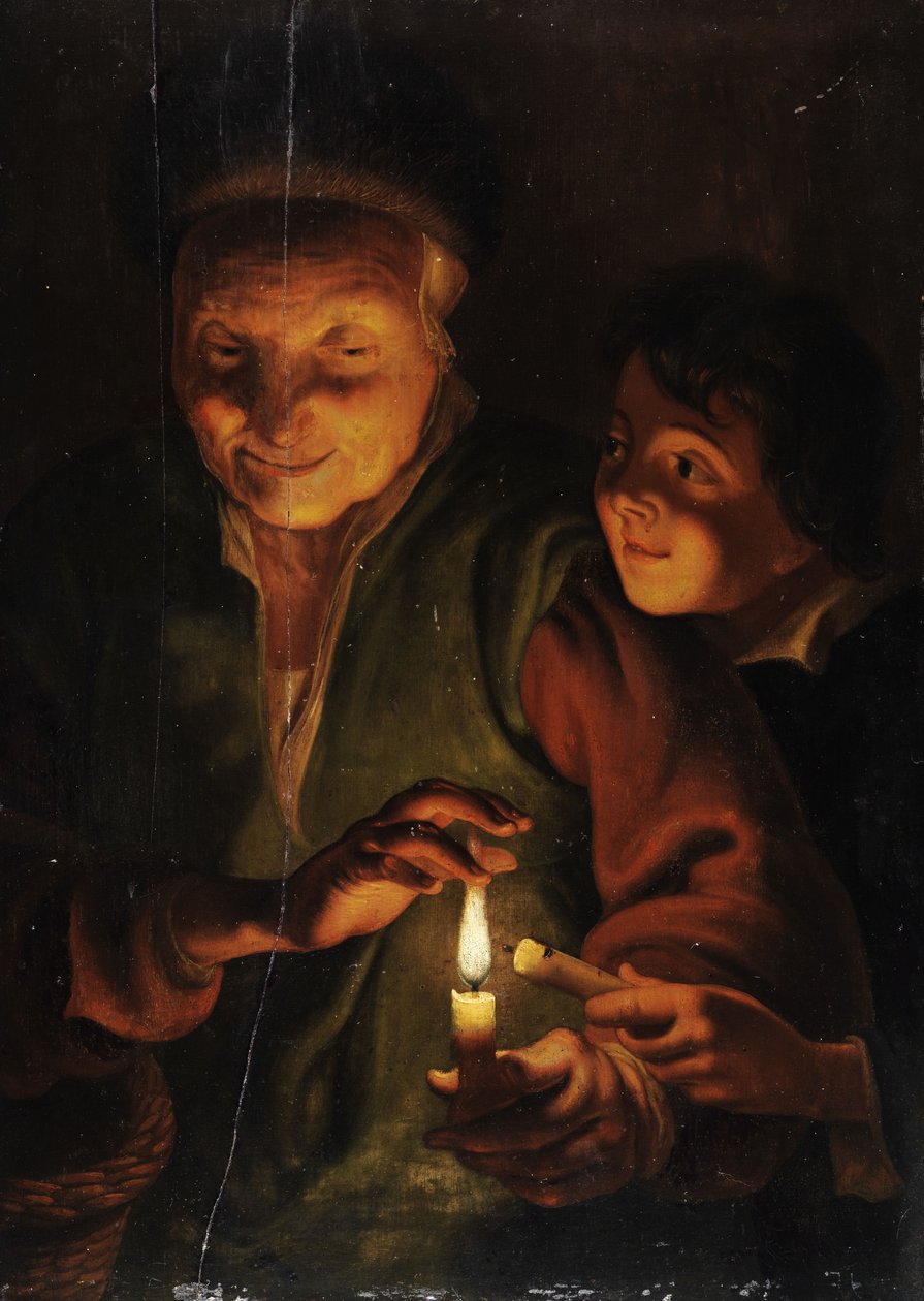 Öregasszony fiúval gyertyafénynél alkotó: Johann Georg Trautmann