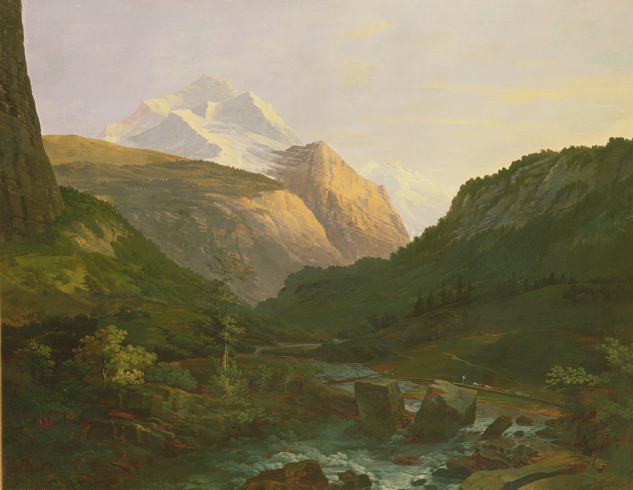 A Jungfrau és az Eiger (olaj és gouache, vászonra fektetett papíron) alkotó: Johann Georg Volmar