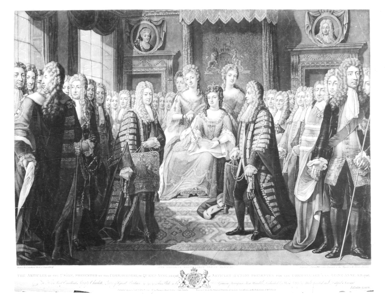 A biztosok által Anne királynőnek bemutatott szövetségi alapszabály, 1706, „Anglia királynői történelmi törvényei” 12. táblája, amelyet Valentine Green (1739-1813) vésett, 1786 (bundw fotó) alkotó: Johann Gerhard Huck