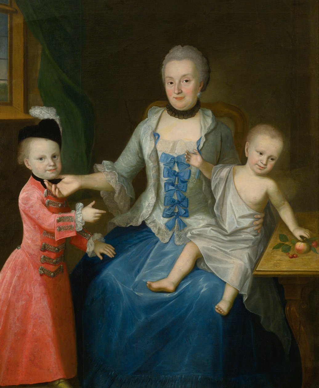 Friederica Adolphina, Schlieben grófnő portréja és két fia, Gotthelf Zsigmond és Adolf Friedrich alkotó: Johann Gottlieb Becker