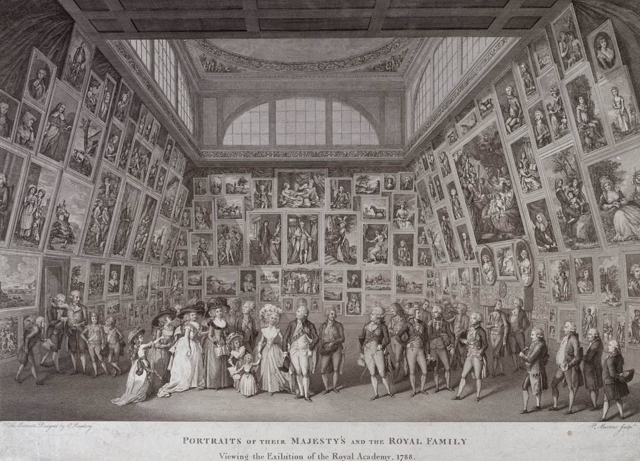A Somerset-ház belső képe III. György király (1738-1820), Charlotte királynő (1744-1818) és a királyi család a Királyi Művészeti Akadémia kiállítását tekintve 1788-ban, 1788-ban alkotó: Johann Heinrich Ramberg