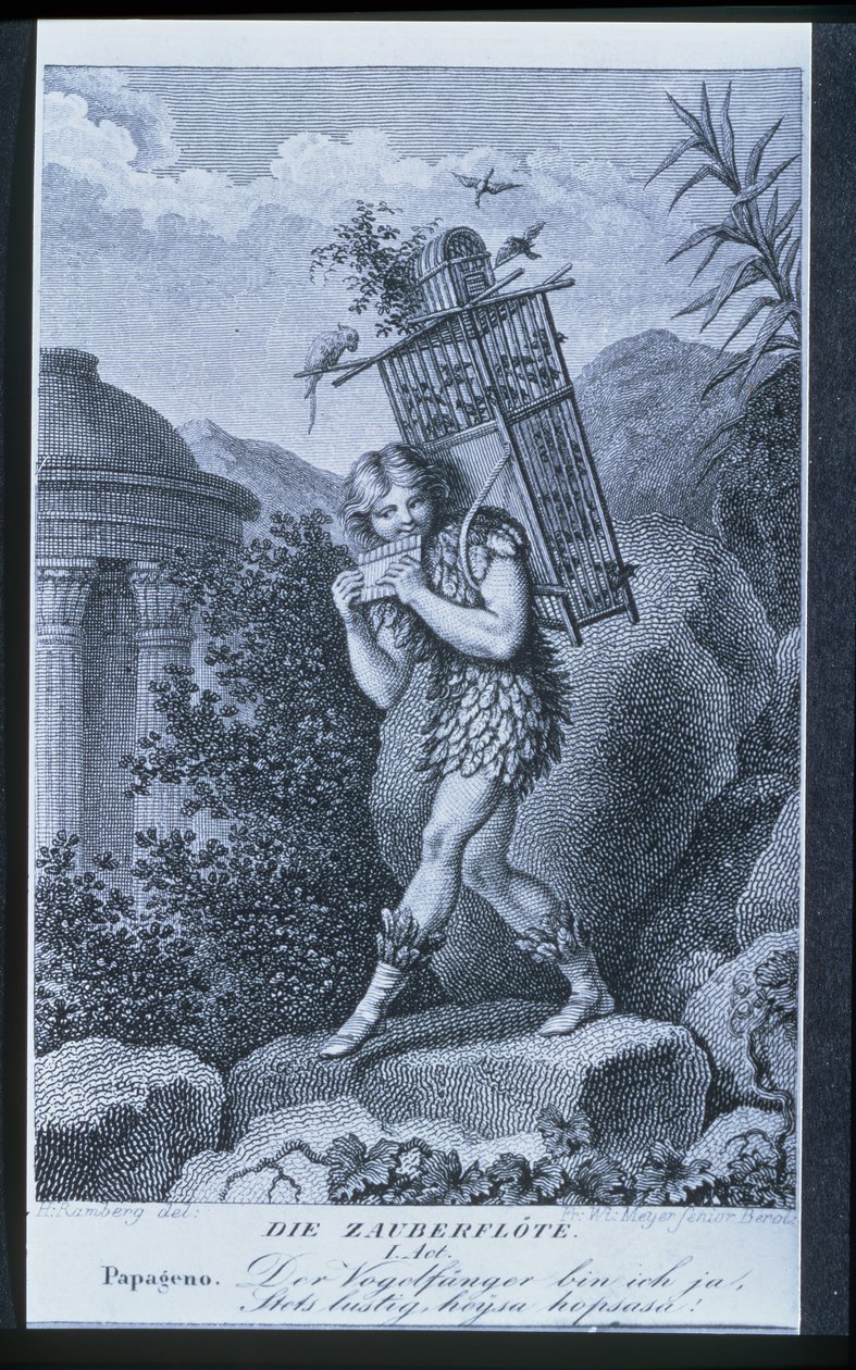 Papageno: Én vagyok a madárfogó, igen! Mindig vidám, hegedű-di-i, hegedű-di-da!, Wolfgang Amadeus Mozart (1756-91) „A varázsfuvola” I. felvonása, Friedrich Wilhelm Meyer Senior (sz. 177) metszet alkotó: Johann Heinrich Ramberg