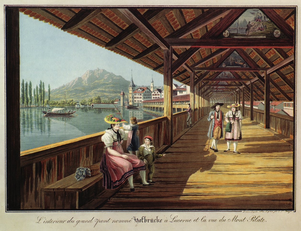 A luzerni Hofbrücke nevű nagy híd belseje és a Pilatus -hegy kilátása alkotó: Johann Jakob Meyer