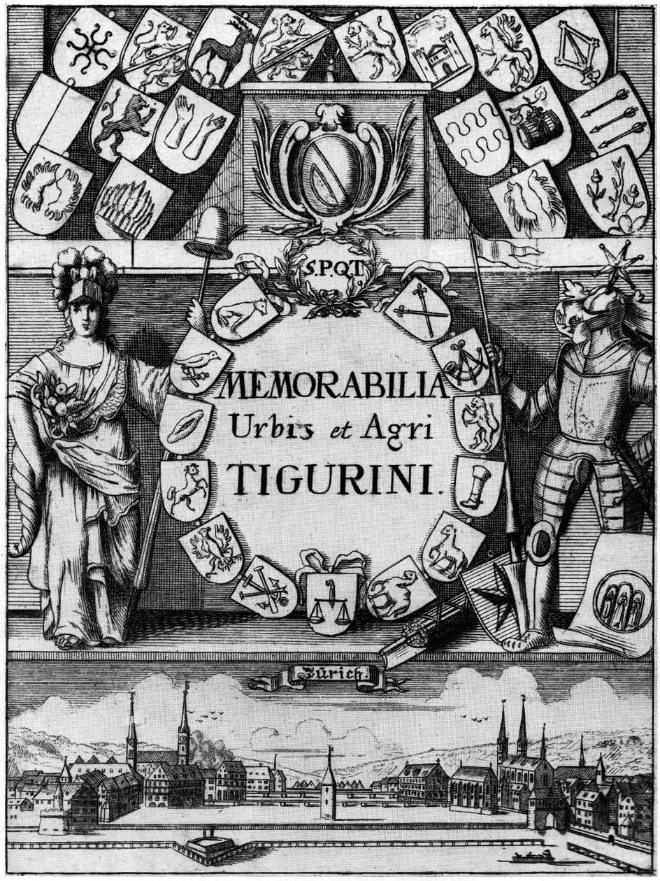 Hans Heinrich Bluntſchlis Memorabilibus Tigurinis harmadik, bővített kiadásának címe, 1742-ben alkotó: Johann Melchior Füßli