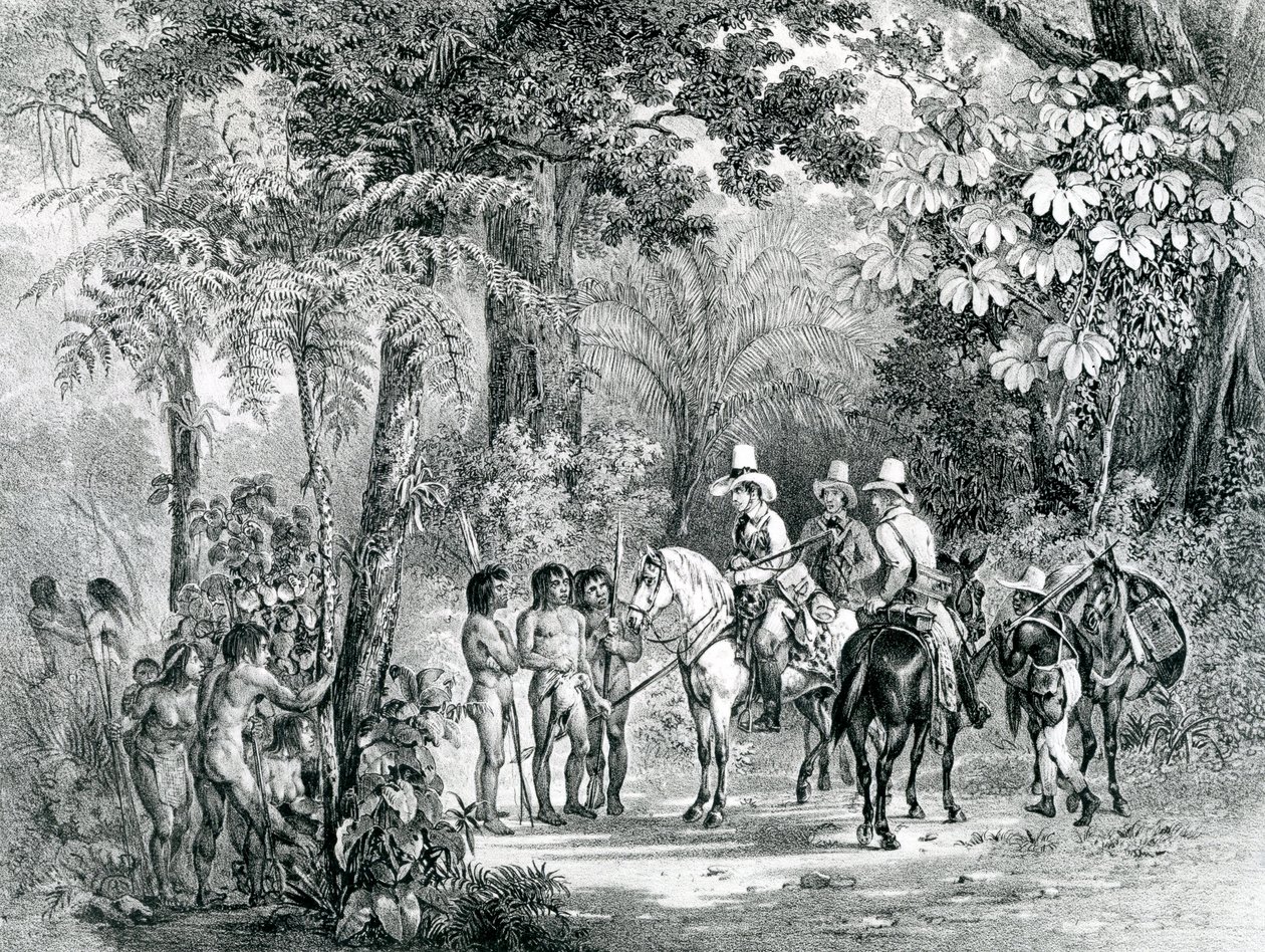 Az indiánok találkozása az európai felfedezőkkel a "Festői utazás Brazíliába" című kötetből, 1827-35 alkotó: Johann Moritz Rugendas
