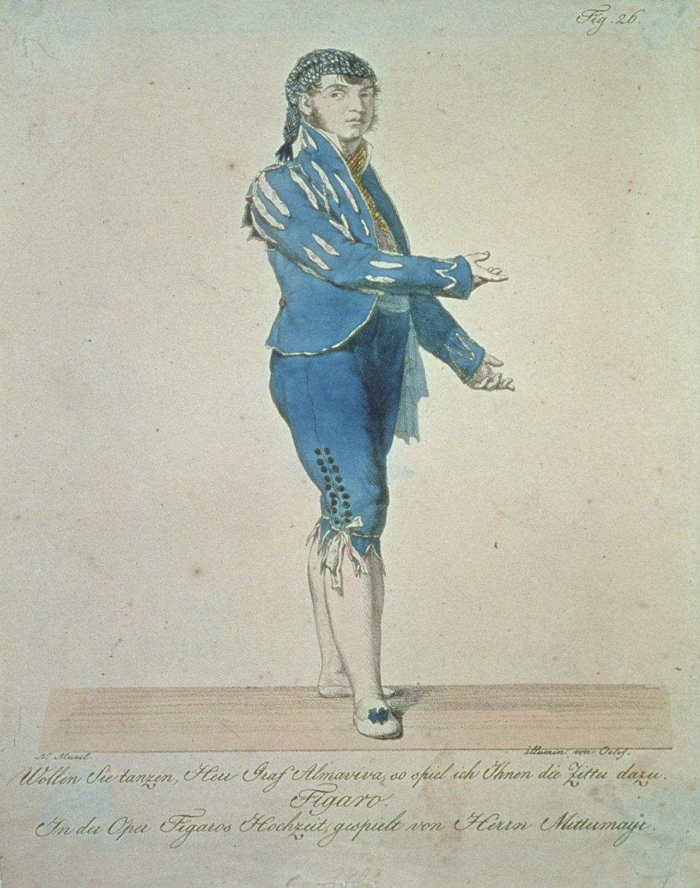 Figaro, Almaviva gróf inasa, Wolfgang Amadeus Mozart (1756-91) Figaro házasságából, 26. ábra, von Oclef színezte alkotó: Johann Nepomuk Muxel