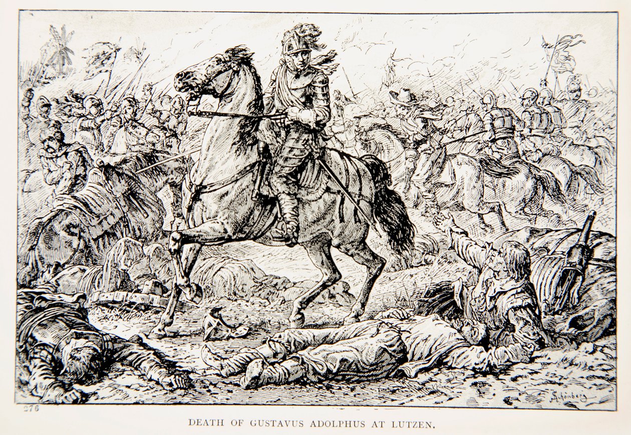 Gustavus Adolphus halála Lutzenben, illusztráció az „Észak oroszlánja: Mese Gustavus Adolphus idejéről és a vallásháborúkról” című művéből, G.A. Henty, kocsma. London alkotó: Johann Nepomuk Schonberg