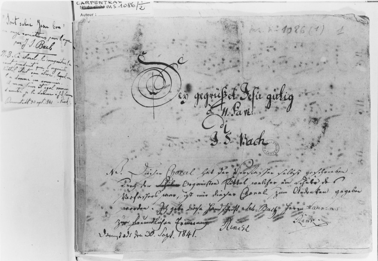 Johann Sebastian Bach korálvariációi orgonára: „Sei gegrusset, Jesu gutig”, címmel és megjegyzésekkel: Rinck, a kézirat 1841-es vásárlója (ms 1086 fol. 1) alkotó: Johann Sebastian Bach