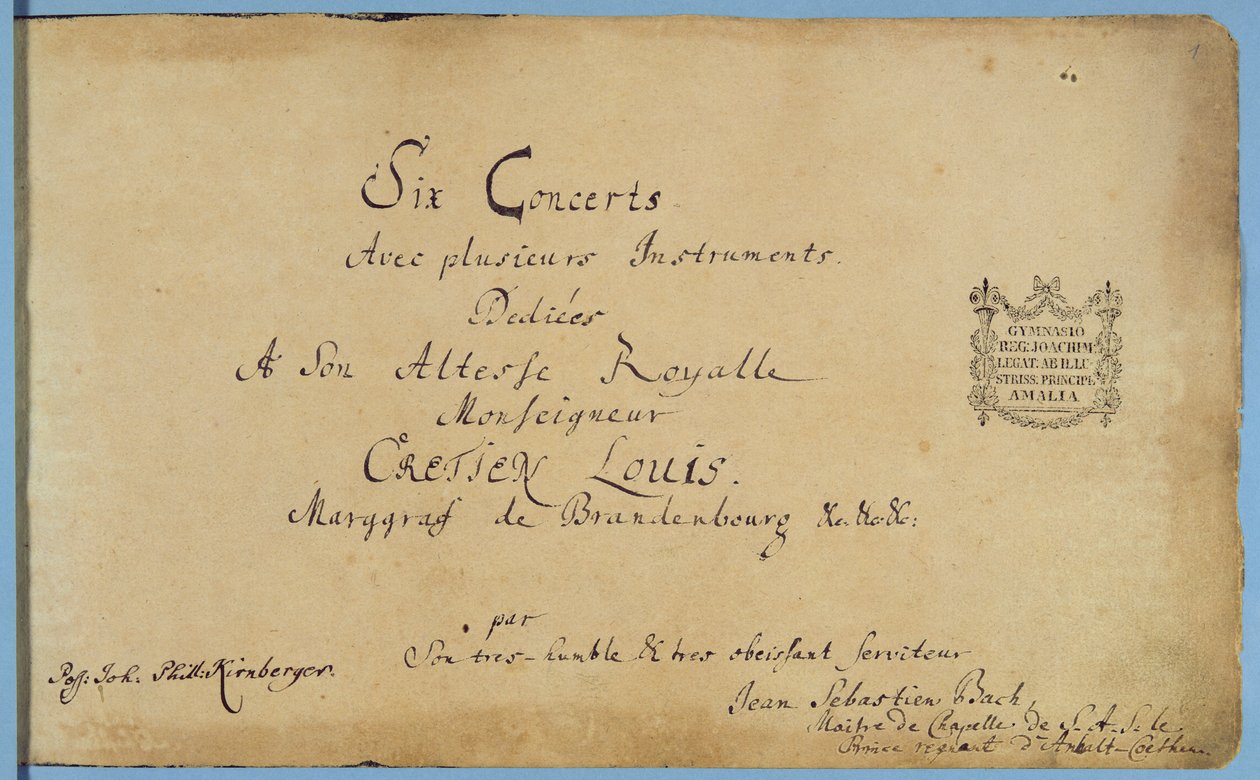 A „Brandenburg Concertos” címlapja, 1721 körül (toll és tinta papíron) (lásd még: 308426 és 308425) alkotó: Johann Sebastian Bach