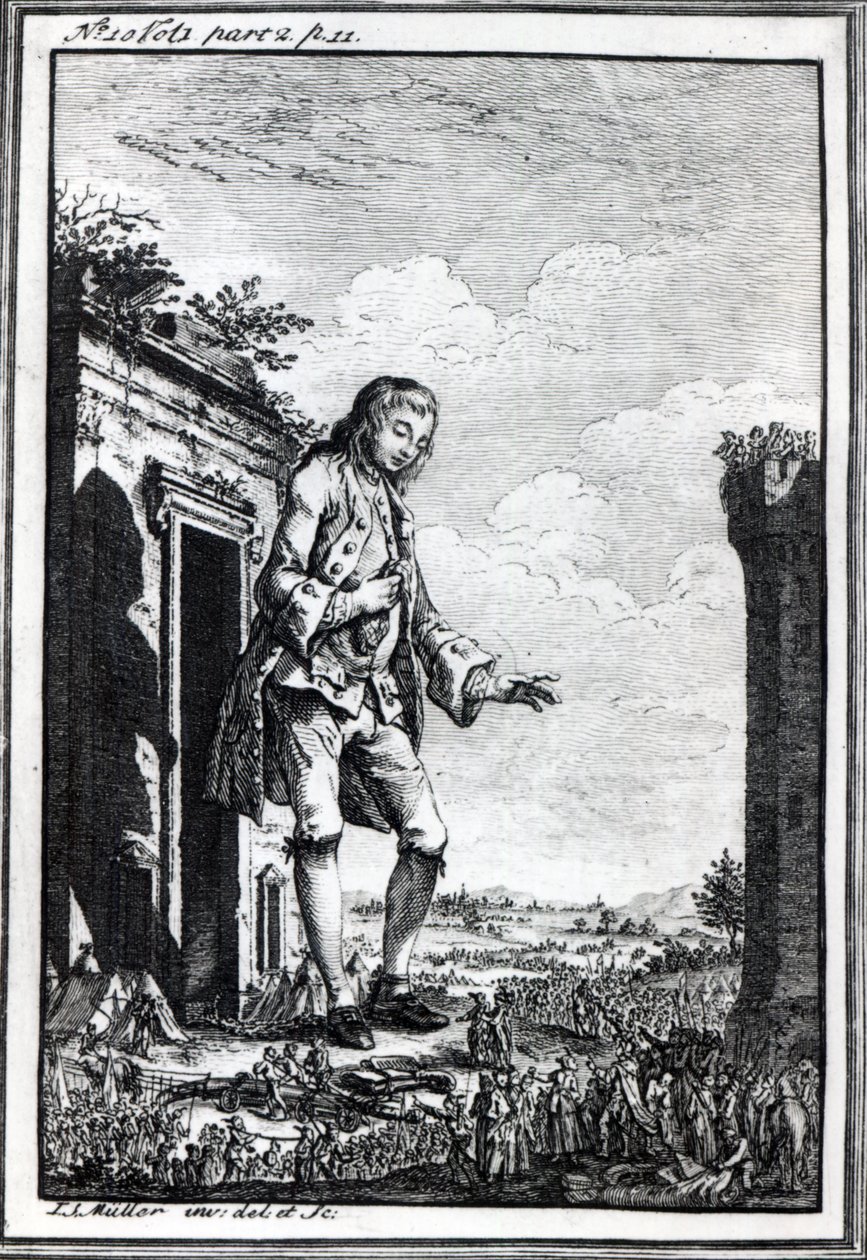 Gulliver a liliputiak között, illusztráció a Gulliver utazásaiból, Jonathan Swift alkotó: Johann Sebastien Muller