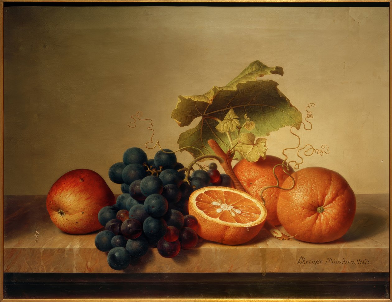Gyümölcs csendélet egy márványlapon alkotó: Johann Wilhelm Preyer