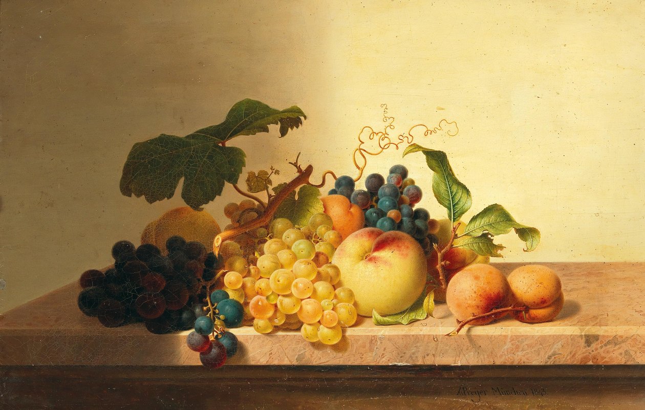 Csendélet szőlővel, őszibarackkal és sárgabarackkal alkotó: Johann Wilhelm Preyer