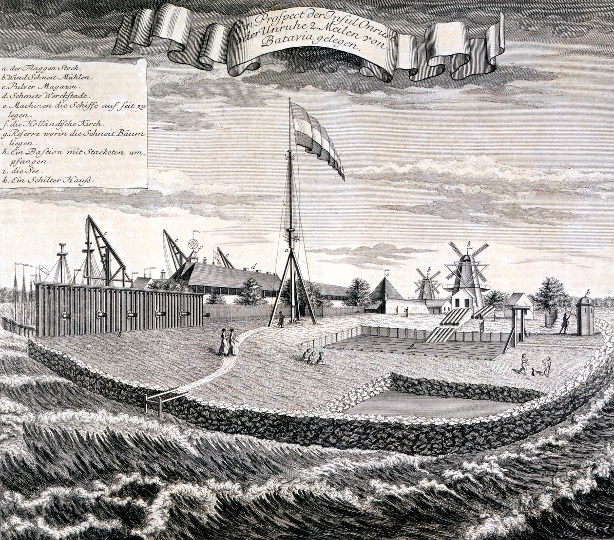 A Dutch East India Company fa- vagy fűrészmalom a szigeten, a Bataviától két mérföldre található „Onrost” vagy „Unruhe” néven, hajózás a háta mögött, a Batavia „Schau-platz von Africa und Ost-Indie” panorámájáról. alkotó: Johann Wolfgang Heydt