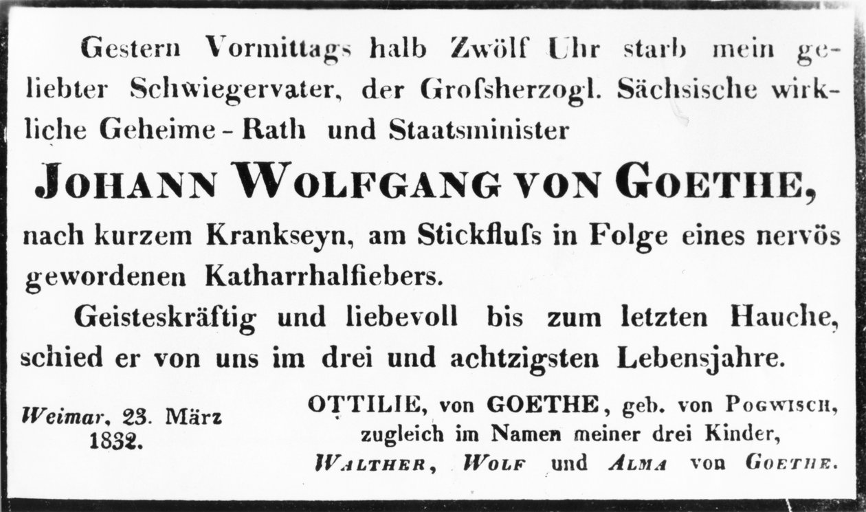 Johann Wolfgang von Goethe halálhíre, 1832 (nyomtatás) alkotó: Johann Wolfgang von Goethe