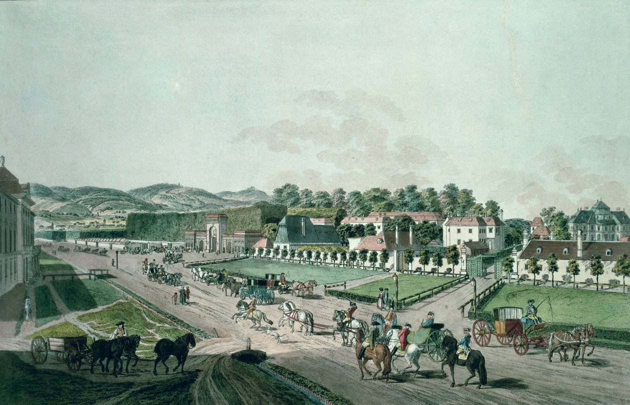 Kilátás az Augarten-palotára és parkra, Bécs (kézzel színezett metszet) alkotó: Johann Ziegler