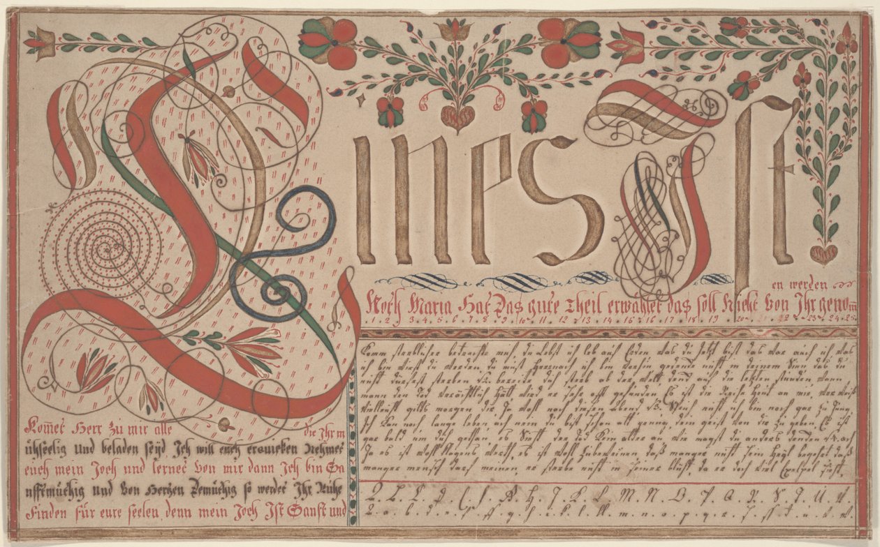 Vorschrift írásgyakorlat Esther Hadmännnek, Fraktur Festés toll és tus wc-vel papírra alkotó: Johann Adam Eyer