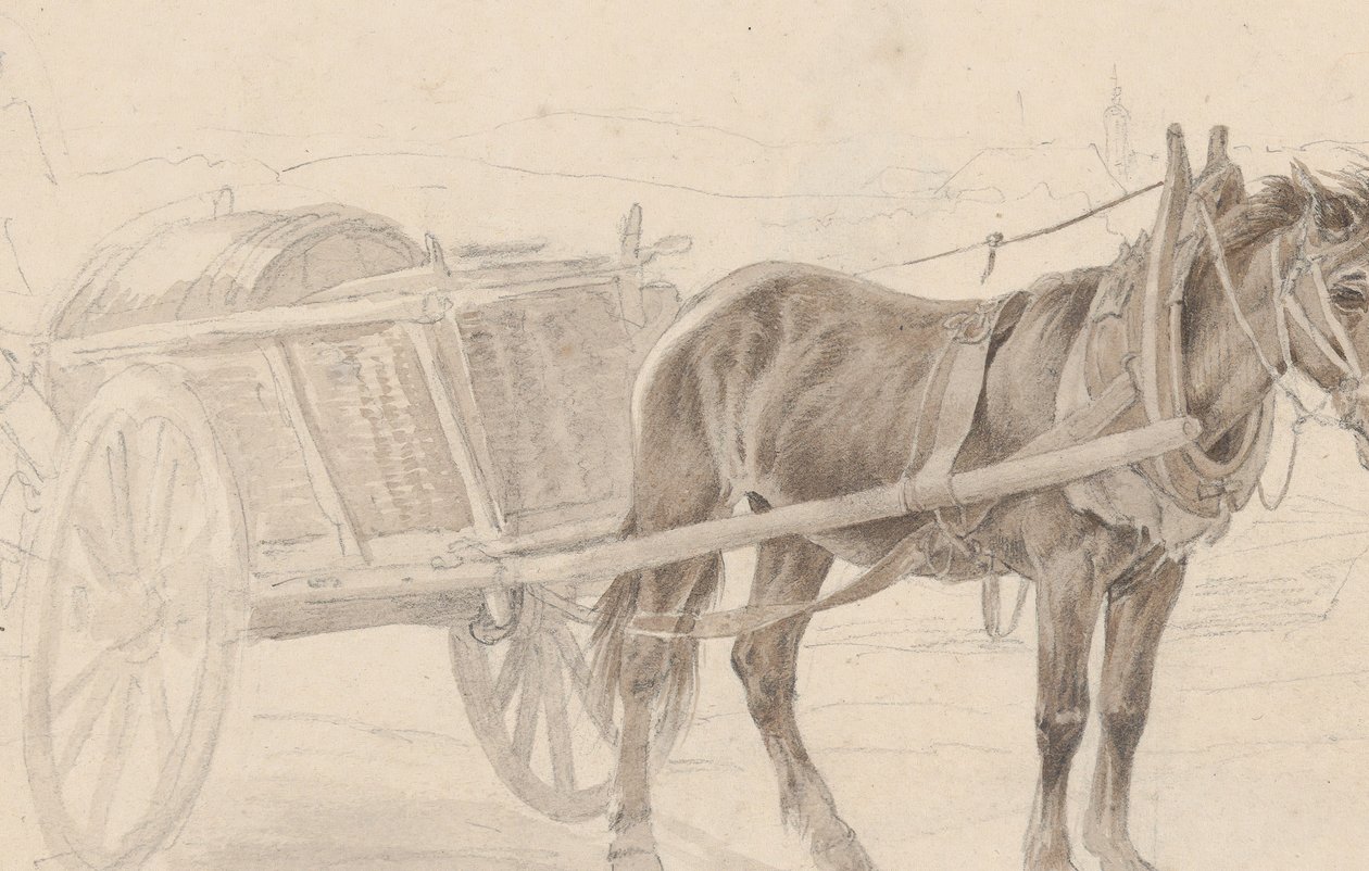 Barna ló által húzott szekér egy lámpaoszlop közelében, Verso: Egy csoport lovas tiszt, kb. 1815. alkotó: Johann Adam Klein