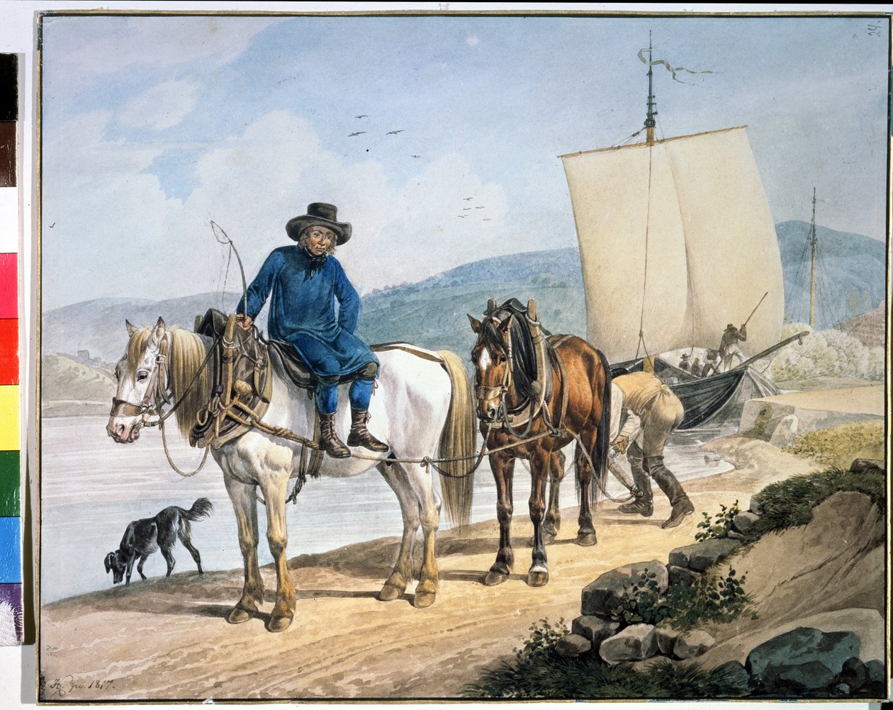 ""Ló és szekér a folyónál"". Lovak a folyó mentén, csónakot vontatva, vagy áruk kirakodására használt vontatóúton." Johann Adam Klein (1792-1875) festménye alkotó: Johann Adam Klein