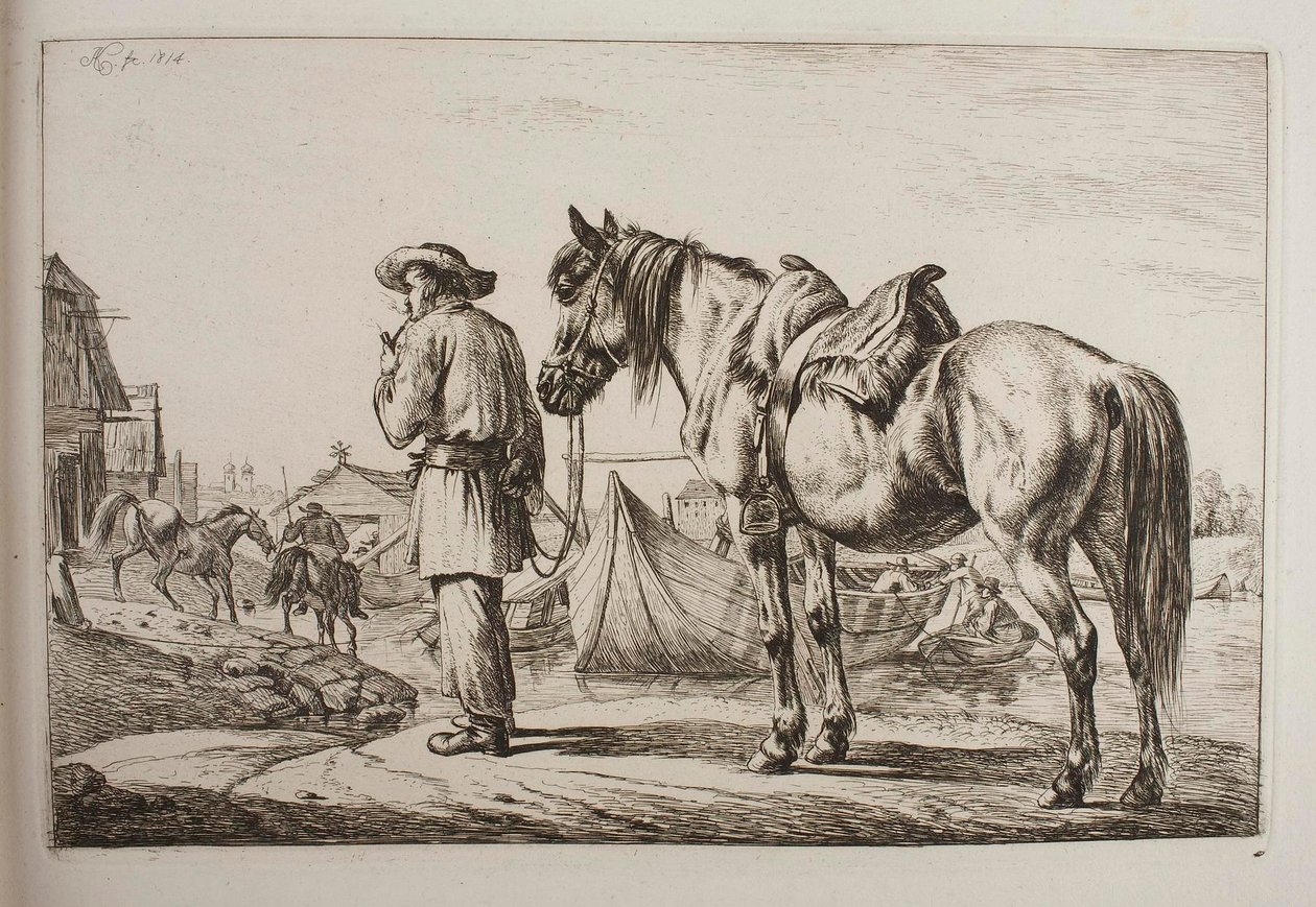 Egy szlovák a lovával egy folyó mellett alkotó: Johann Adam Klein