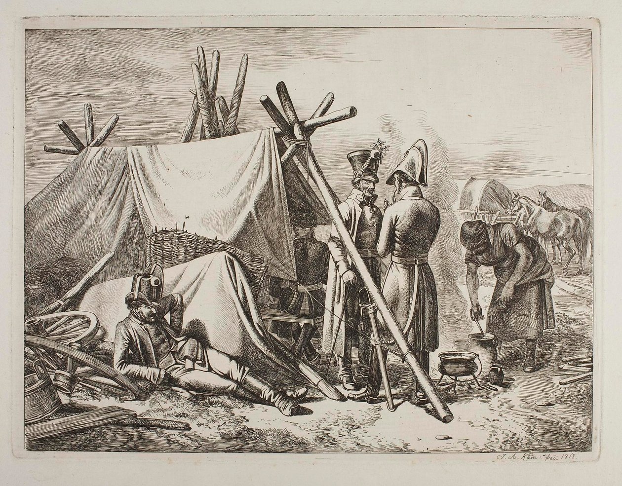 Osztrák katonák egy katonai árus sátra mellett alkotó: Johann Adam Klein