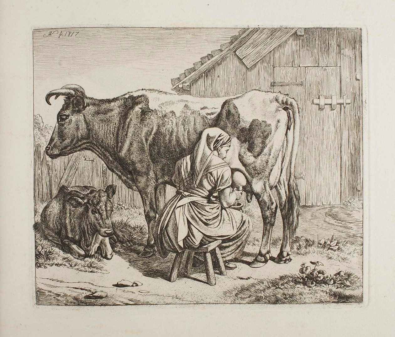 Feltehén és borja fejés közben alkotó: Johann Adam Klein