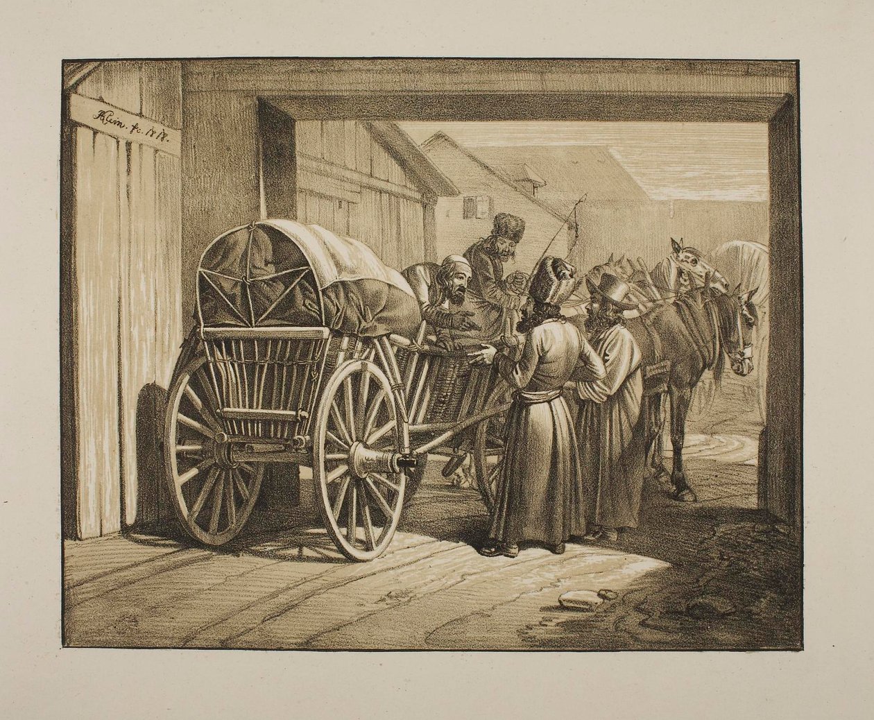 Lengyel zsidók beszélgetnek egy szekér mellett alkotó: Johann Adam Klein