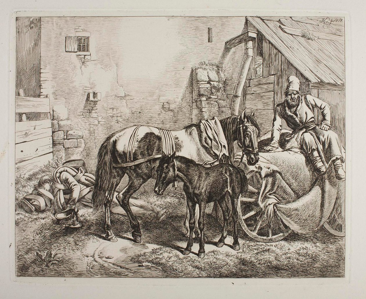 Orosz poggyászkocsi egy ház előtt alkotó: Johann Adam Klein