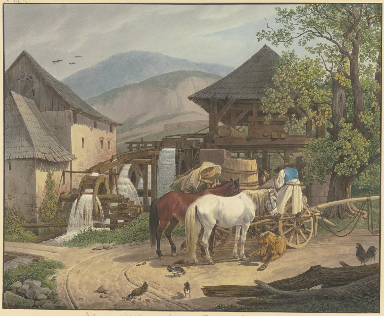 Vágó- és őrlőmalom a stickelbergi völgyben, Wiener Neustadt közelében, a magyar határnál alkotó: Johann Adam Klein