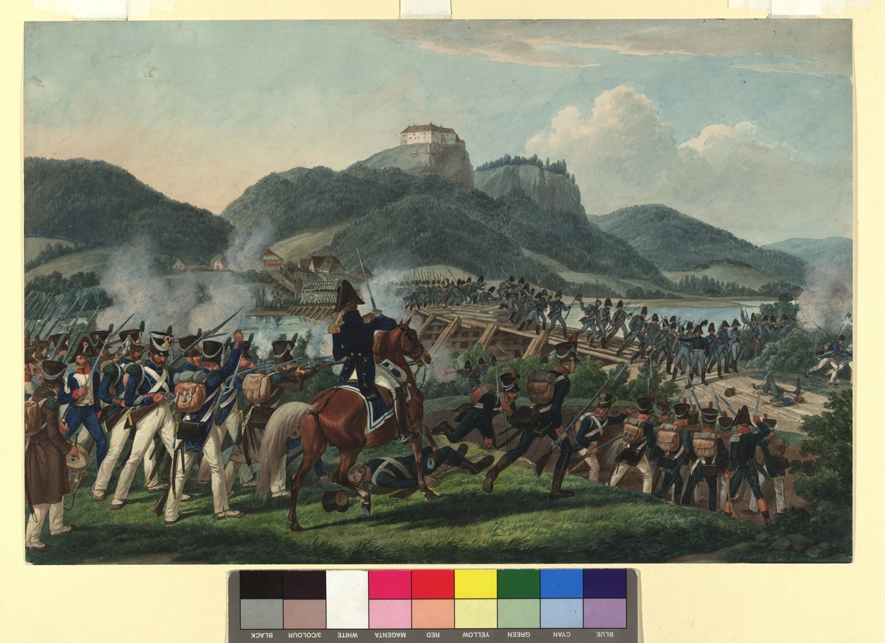 Hiller báró vezette osztrák csapatok átkelése a Drávánál, Hollenburg közelében, 1813. szeptember 19-én alkotó: Johann Adam Klein