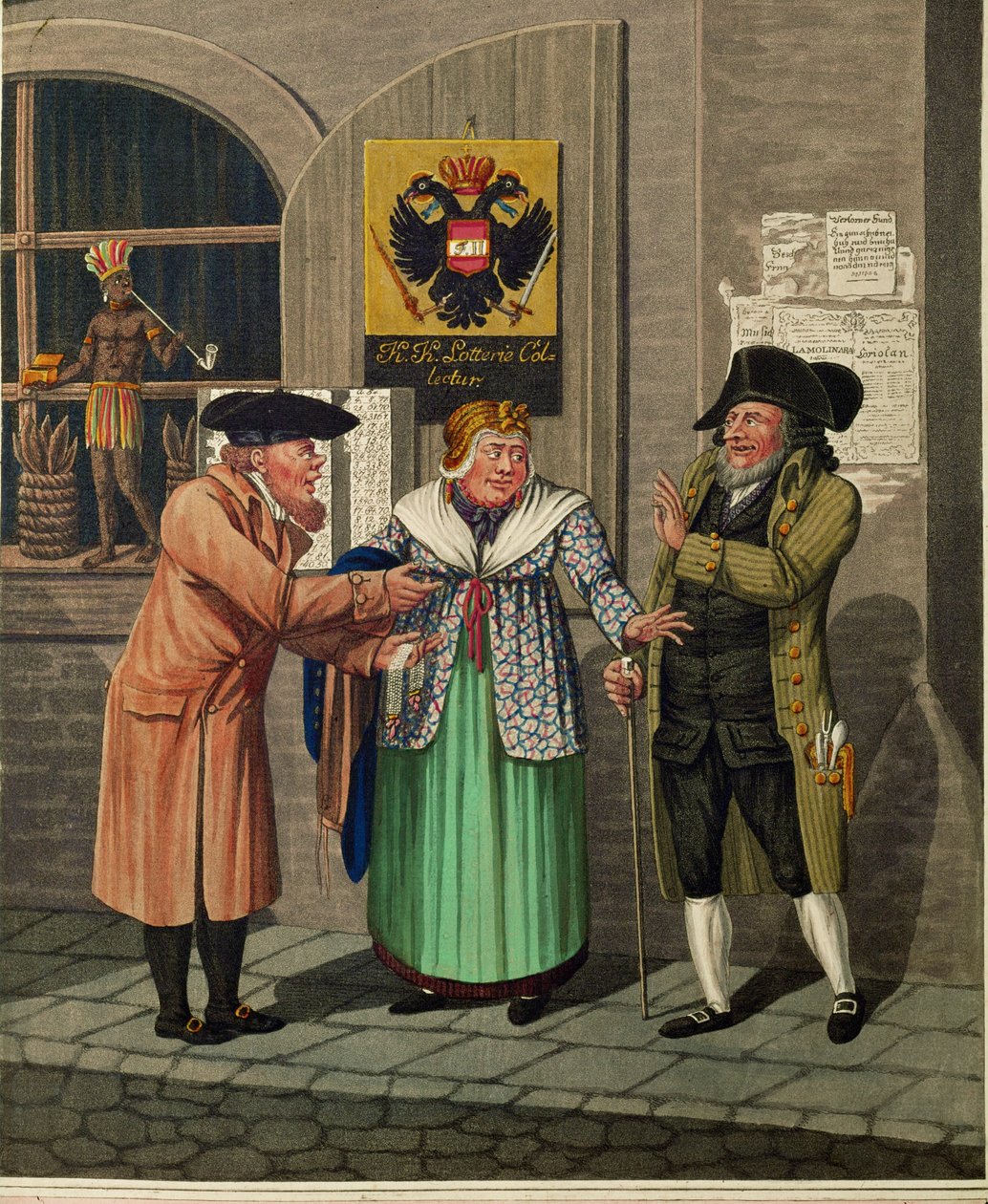 Három bécsi zsidó egy állami lottózó és egy dohánybolt előtt ... alkotó: Johann Adolph Opitz