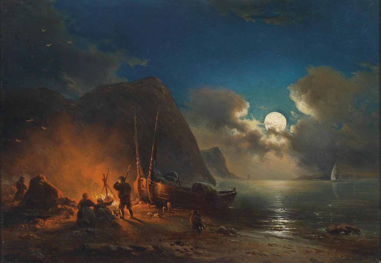 Romantikus tábortűz a holdfényben alkotó: Johann Anton Castell